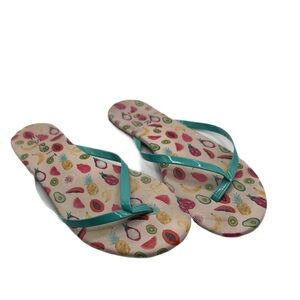 Esprit Sz 7 Green Sandals with Fruit Pattern 90s Flip Flops